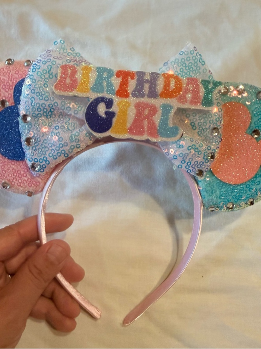 Disney Birthday Girl Glitter Bow Headband - Pink Blue Multicolor